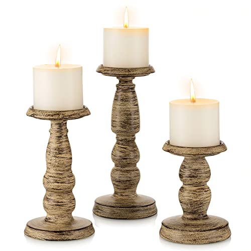 Sziqiqi Vintage Pillar Candle Holder Retro Candleholder Set Of 4 Metal Imitation Brown Candle Stand Candlelight Decor For Home Bar Cafe Farmhouse #TOP16