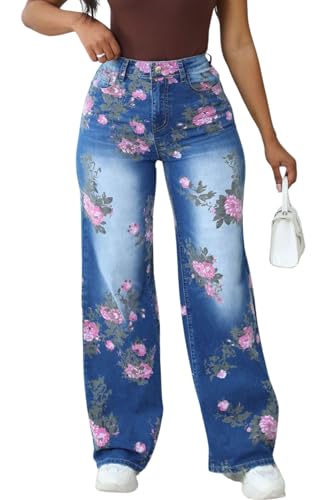 chouyatou Women's Y2K Wide Leg Floral Printed Jeans High Waisted Button Down Baggy Denim Pants