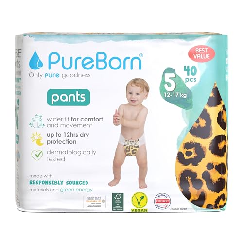 PureBorn Pañales Bebé Premium Pants, Talla 5 (12-17 kg), 40 Pañales-Braguitas, Ultra Suave, Agradable para la Piel, Protección Superior Día y Noche, Indicador de Humedad