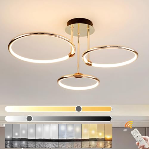 YYUTLUO LED Lámpara De Techo, Lámpara Circular De Metal Dorado De Ø56cm, 60W Regulable Continua 3000-6000K, Colgante Redondo Moderno De Galvanoplastia, Dormitorio, Sala Estar Niños Oficina (3 Anillos)