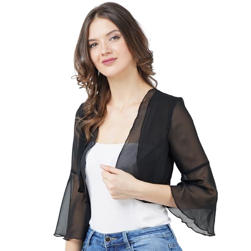 Image of AOL Women's Cropped Layered Lightweight Sheer Three-Fourth Bell Sleeves Georgette Open Neck Shrug Bolero