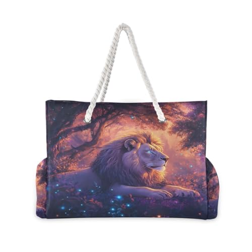 Large Beach Bags Totes Canvas Tote Shoulder Bag Luminous Lion Water Resistant Bags for Gym Travel Daily2