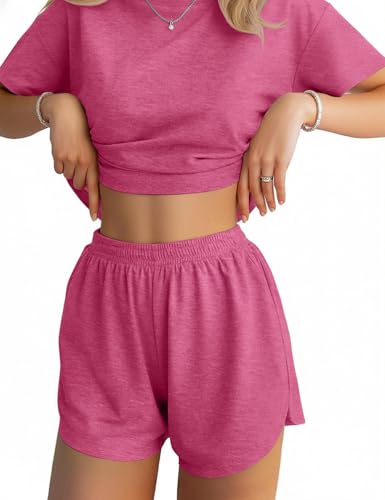 Image of JUSTFASHIONNOW Womens Pajama Sets Shorts Striped Print Two Piece Lounge Sets Crew Neck Sleepwear Split Shorts Set Soft Pjs