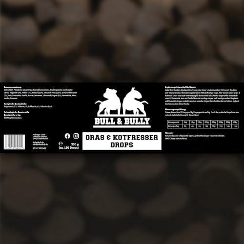 BULL & BULLY – Gras und Kotfresser Drops Hund 350 g (150 Drops) – Gesunde Hundeleckerli gegen Gras- & Kotfressen – Leckerlis Hund zur Unterstützung von Magen & Darm – Anti-Kotfresser Leckerli Hund