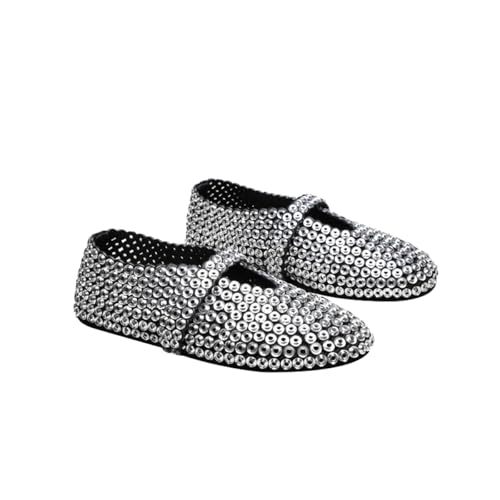 JANSEVEN Women Rhinestones Ballet Flats Fashion Crystal Flat Round Toe Sparkling Party Evening Shoes