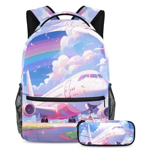 Sac à dos motif avion rose avec sa trousse à crayons coordonnée