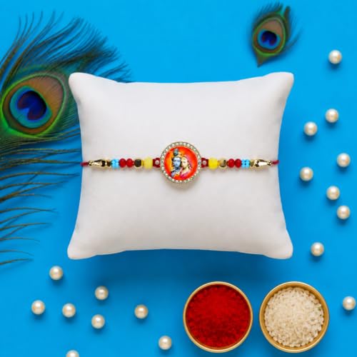 Image of Oblivion Rakhi For Brother - Elegant Stylish God Designer Rakhi with Beads and Silver Colour Pooja Coin, Tilak Set & Greeting Card - Traditional Raksha Bandhan Combo for Bhai