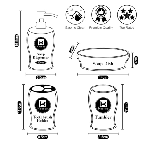 Image of Kookee Ceramic Bathroom Accessories Set, 4 Piece Bath Kit with Soap Dispenser, Toothbrush Holder, Tumbler & Soap Dish | Luxury Home & Guest Bathroom Decor, White (10477)