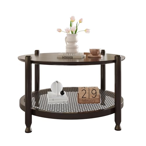 Image of NSdirect 32 inch Round Coffee Table for Living Room, 2-Tier Solid Wood Center Table for Home Decor with Boho Woven Rattan Storage Shelf | Modern Farmhouse Design, Easy Assembly, Black Brown