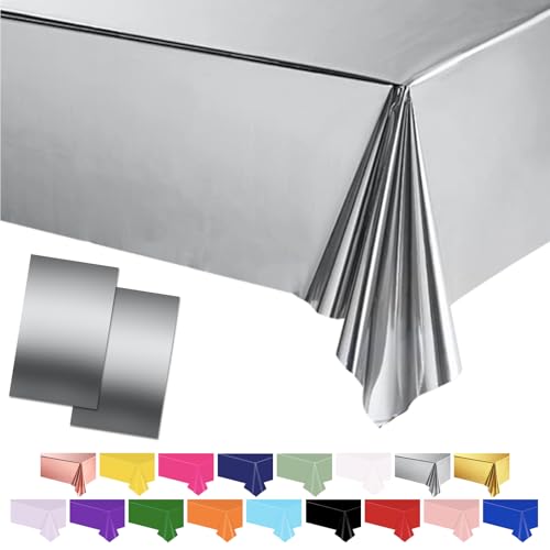 POPOYU 2 Pièces Nappe Argent Plastique, 54x108 Pouces Nappe Rectangulaire Imperméable Protection pour Fêtes et Anniversaires, Mariages, Picnics et Jardin