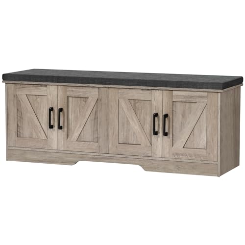 HOMSHO 2-Tier Storage Bench, 47.2' Wide Shoe Bench with Padded Seat Cushion, Entryway Bench with 4 Barn Doors and Adjustable Shelf, Greige