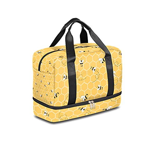 Honeycomb Bee Sports Gym Bag with Shoes Compartment,Honeybee Animal Travel Duffel Bag for Men Women Boys Girls Teens Overnight Weekend Yoga Workout Bag Training Handbag