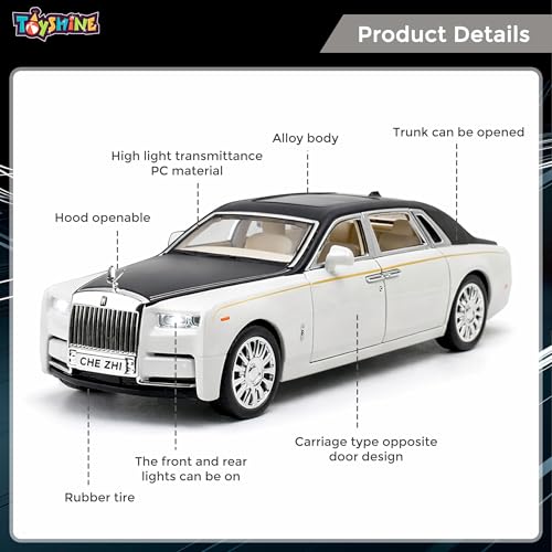 Image of Toyshine 1:35 Scale Rolls Royce Phantom Die Cast Car Model | Luxury Alloy Pull Back Toy Car with Lights & Sound | Openable Doors | Collectible Model Toy for Kids & Collectors, White