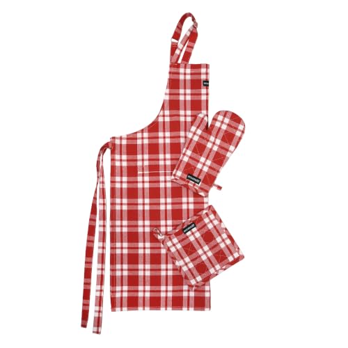 Image of Encasa XO 100% Cotton Apron Set for Women & Men with Adjustable Apron, Oven Gloves & Pot Holder (Pack of 3) Combo, Heat-Resistant, Soft & Durable for Cooking, Baking & Grilling (Franca Red Checks)