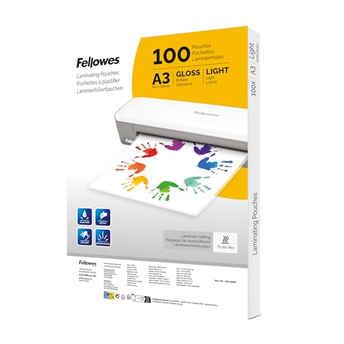 Fellowes A3 Laminierfolien 100 Stück glänzend Laminiertaschen für Zuhause Schule & Büro Ideal für Poster Schilder & Dokumente Kompatibel mit allen Laminiergeräten