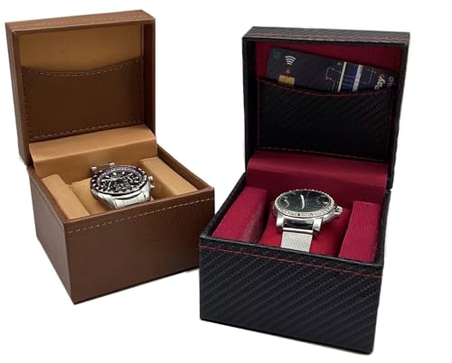 Image of Watch Organiser Display Box Made in Leatherette and Suede with Contarst thread Topstitch | For Men &Women | Gift For Any Occasion (Set of 2 - Black &Tan)