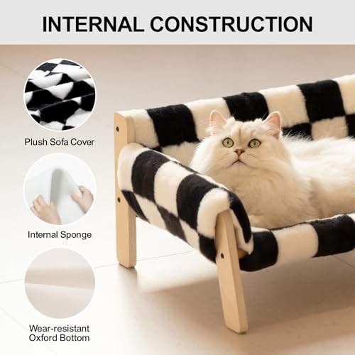 MEWOOFUN Erhöhtes Katzenbett Sofa aus Holz, 56x45cm robust großes Katzensofa – modischer Katzenstuhl mit abnehmbarem Matratzenbezug Belastbar mit 10 kg (Schachbrett, 56x45cm)