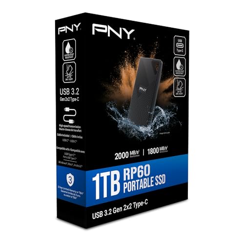 PNY RP60 1TB USB 3.2 Gen 2x2 Type-C SSD Portable - Vitesse de Lecture de 2 000MB/s (PSD0CS3060-1TB-RB)