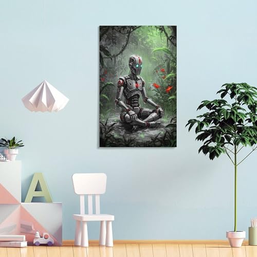 Robot en Méditation Jungle Illustration Rétro Toile Durable POLIUAWS