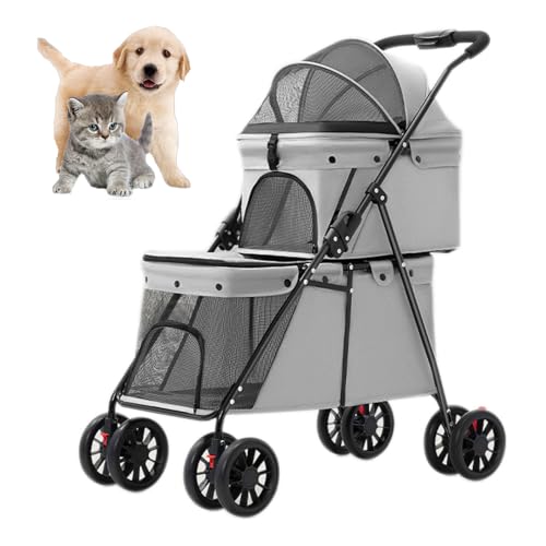 取り外し可能なキャリア付きダブルペットベビーカー、複数の小型ペット用犬用ベビーカー、メッシュ窓と回転ホイール付き折りたたみ式ジョガーベビーカー,グレー