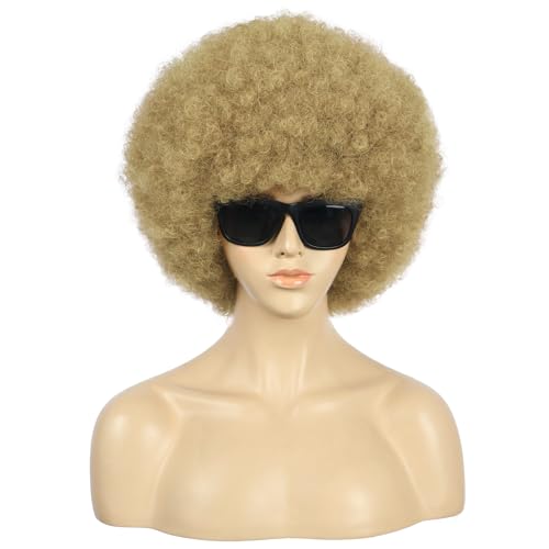 VGbeaty Men Women Short Curly Golden Blonde Wig 70s 80s Afro Rocker Disco Wig Heat Resistant Synthetic Fiber Soft Durable Breathable Cap for California Halloween Hippie Party Cosplay Costume Party