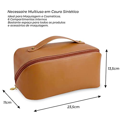Necessaire Multiuso Para Maquiagem e Cosméticos Pincéis Viagem com Zíper e 6 Compartimentos (Marrom)