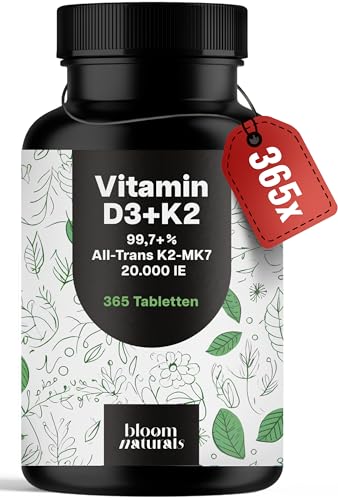 Vitamin D3 K2 hochdosiert 365 Tabletten mit 20000 IE 99 7+% All-Trans K2-MK7 - Vitamin D - produziert in Deutschland XXL Family Packung - Verpackung kann variieren