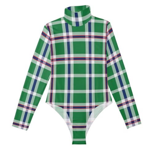 Body de manga larga para mujer en color verde con cuello alto y diseño clásico a cuadros