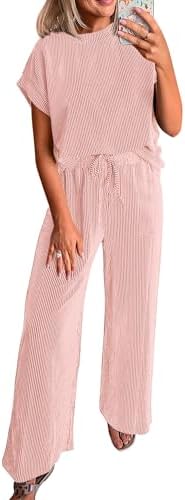 KIRUNDO Spring Summer Sets Women 2 Piece Outfits Casual Ribbed Knit Short Sleeve Top Wide Leg Pants Lounge Set Travel Airport
