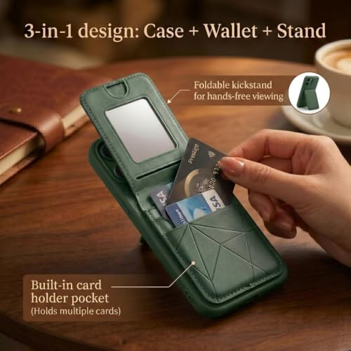Image of amazon basics Premium Vegan Leather Back Cover with Card Holder and Integrated Mobile Stand for iPhone 17 Air - Slim Shockproof Wallet Case with Geometric Stitching [Green]