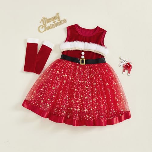 Kids Toddler Baby Girl Christmas Outfit Santa Claus Dress Velvet Stars Sleeveless Tulle Dress Oversleeves Clothes4