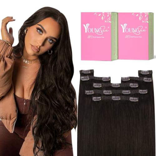 Image of YoungSee Dark Brown Clip in Hair Extensions 120g Straight Real Hair Extensions Clip in Human Hair Darkest Brown, Easy Application Hair Clip ins Extensions for Natural Look 18Inch 7Pcs
