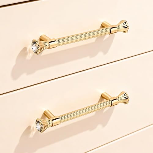 BEIUTAO 4 Pack Kitchen Cabinet Handles Gold Crystal Dresser Drawer Pulls Modern Bathroom Cabinet Handles Kitchen Hardware for cabinets Zinc Alloy Pull (4 Gold 3.78(96mm) Hole Center)