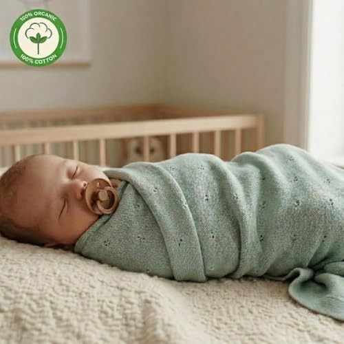 Image of 100% Organic Cotton Knit Receiving Baby Blanket for Newborns - Soft, Breathable Blanket for Crib & Stroller - Nursery Gift (Roman Green)