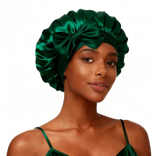 KEXINKE Hair Bonnet for Women - Emerald Green Charmeuse with Bow, One Size Fits All Charmeuse Bonnet for Curly Natural Long Hair