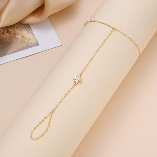 Image of Moodear Trendy Hand Chain Link Bracelet for Women - Dainty 14K Gold Plated Cross Ring Bracelet Chain Charm Bracelets Jewelry Gift