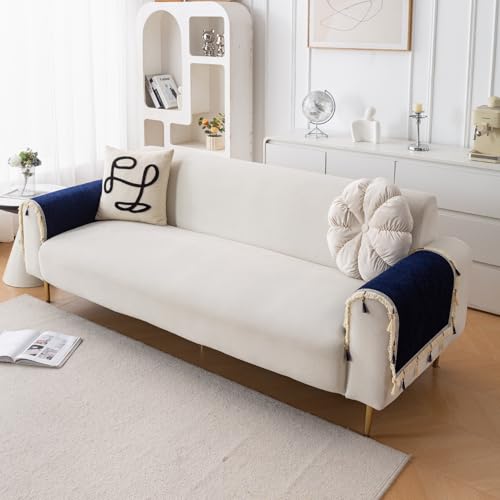 Image of HOKIPO 'Serenity Tassel' Chenille Sofa Arm Cover with Tassels - 1 Pair | Sapphire Navy (IN-893-NBL*2)