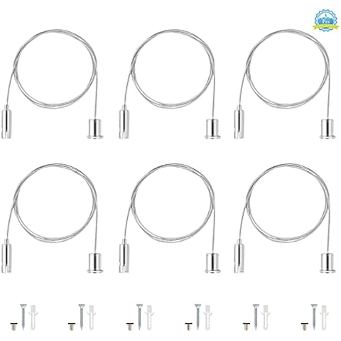 6Pcs Wire Rope Lamp Holder 1.5mm*1m Lighting Suspension Kit Heavy Duty Ceiling Light Hanging Wire Stainless Steel Adjustable Wire Rope Kit Fitting Hanging Chains for Lamp Picture Cover