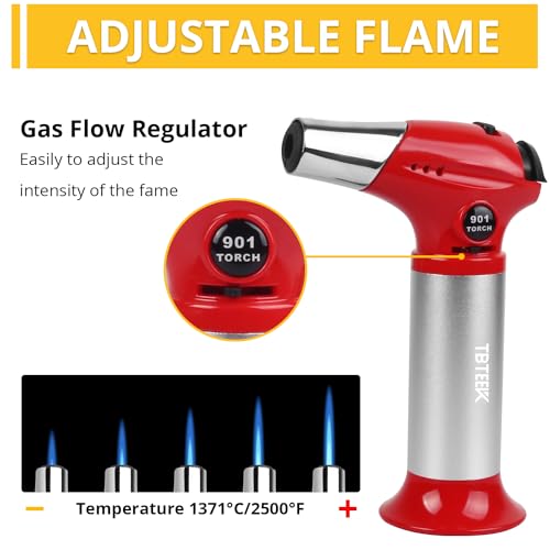 Image of TBTEEK Butane Torch T901, Kitchen Torch Cooking Torch with Safety Lock & Adjustable Flame for Cooking, BBQ, Baking, Brulee, Creme, DIY Soldering(Butane Not Included), Red