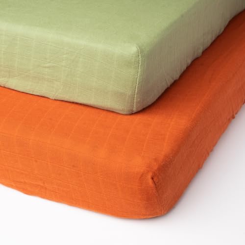 Image of Salt Earth 100% Organic Cotton Muslin Standard Fitted Crib Sheet for Boys, Girls & Toddlers – 52"x28", 2 Pack Soft Breathable Natural Cotton Mattress Bed Sheets, Neutral Crib Sheet (Green & Rust)