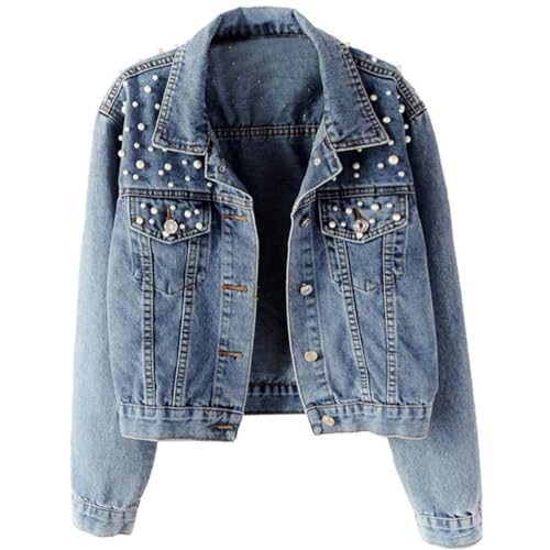 Oversized Denim Jacket Women Embroidered Pearls Short Crop Jean Jacket Button Down Distressed Denim Shacket Pockets