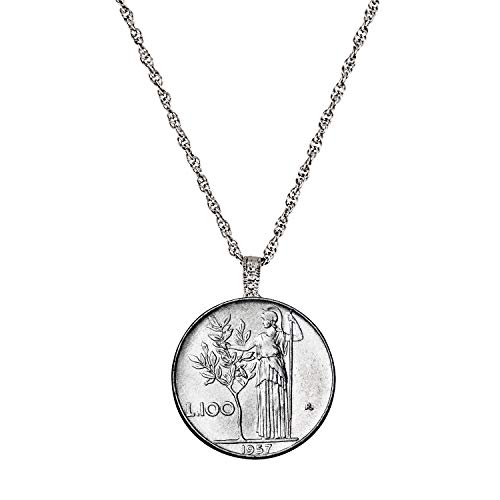 American Coin Treasures Italian Lire Coin Pendant Necklace - L.100 Jewelry Lira Coin from Italy for Collectors with Silvertone Chain & Lobster Claw Clasp - Full Shiny Steel Composition for Women