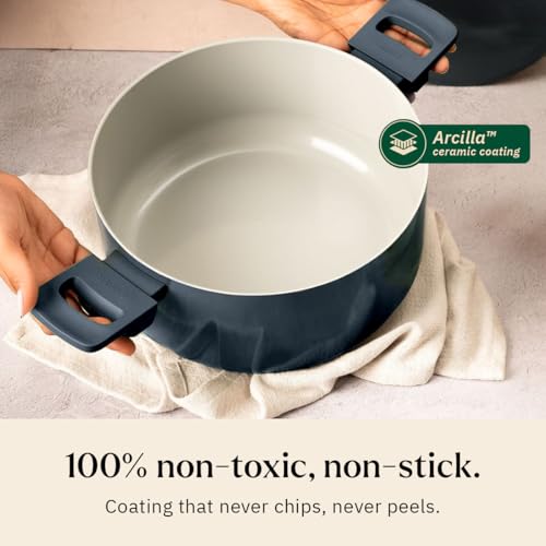 Image of Ember Cookware Arcilla Ceramic Dutch Oven 24 cm, 5L with Metallic Lid | 75% Less Oil Usage | Non Stick Non Toxic Pot | 5-Year Warranty | Ceramic Cookware | Biryani Pot | PFAS & PTFE Free | Blue