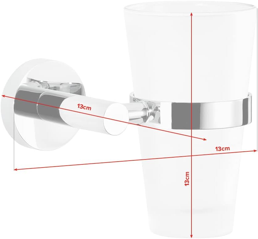 tesa EXXCELLENT Toothbrush Holder - Self-Adhesive, Stainless-Steel Tooth Brush Holder with Frosted Glass Cup - Waterproof, incl. Power.Kit Adhesive Solution - 125mm x 130mm x 105mm