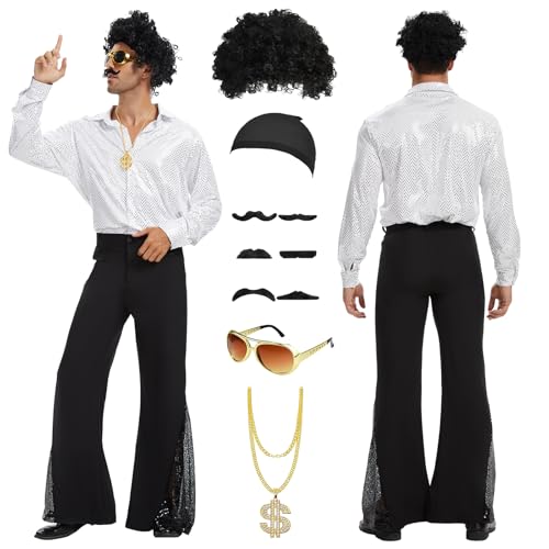 PORJDN Disco Costume for Men, 70s Hippie Outfit with Afro Wig and Accessories, 1970s Retro Party Shirt, 80s Disco Fancy Dress for Halloween Theme Parties (Silver, XL)