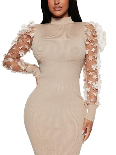 Image of Annystore Women's Elegant Mock Neck Sheer Long Sleeve Mesh Bodycon Dress Ribbed Club Party Pencil Midi Dresses Clubwear