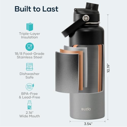 Image of BUZIO Triple Wall Vacuum Water Bottle with Dust-Proof Straw & Spout Lids