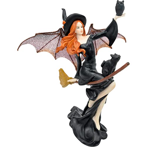 Comfy Hour 9” Dark Fairy Figurine Witch On Magic Broom with Black Cat Figurine, Halloween Theme Gift, Home Decoration and Collectibles, Polyresin, Fairyland Collection