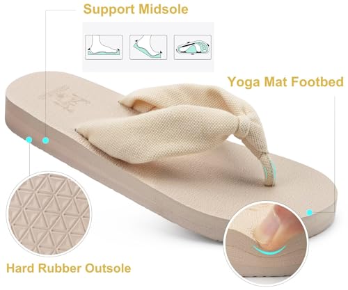 KuaiLu Flip Flops Women Arch Support Yoga Mat Comfortable Summer Beach Walking Thong Cushion Sandals Slip on Outfits Travel Essentials Orthotic Slides Indoor Outdoor Slippers Shoes Beige Nude Size 10
