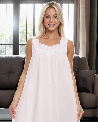 Image of Alexander Del Rossa Cotton Nightgowns for Women, Victorian Nightgown, Ladies Vintage Cotton Sleeveless